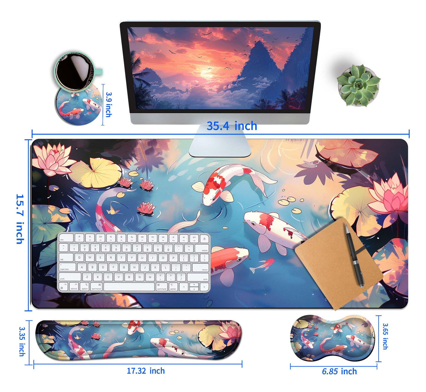HaoSiTeck 4-Piece Extended Large Mouse Pad Set for Women Men with Colorful Koi Design Includes 35.4