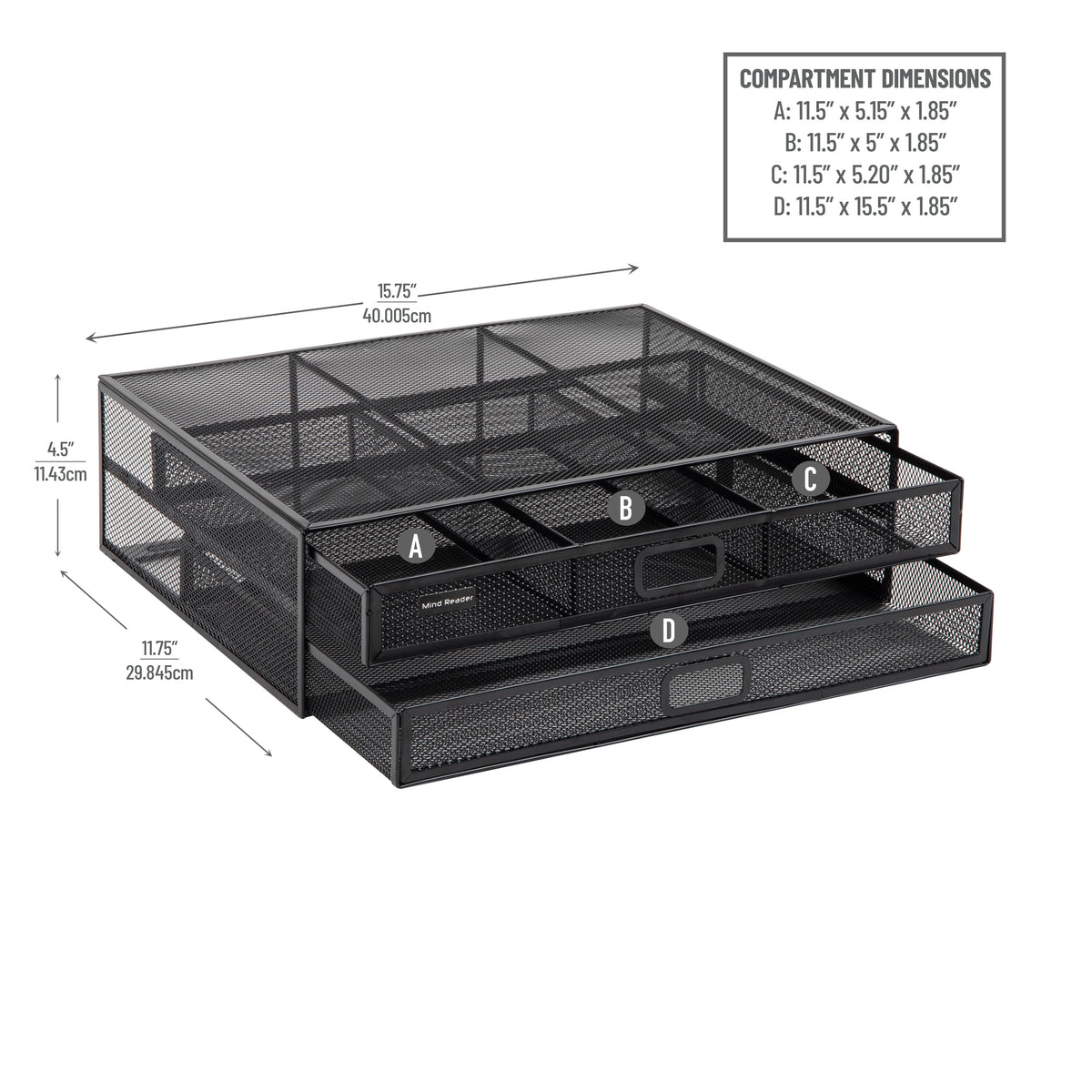 Mind Reader Monitor Stand, Ventilated Laptop Riser, Storage Drawer, Office, Metal Mesh, Black