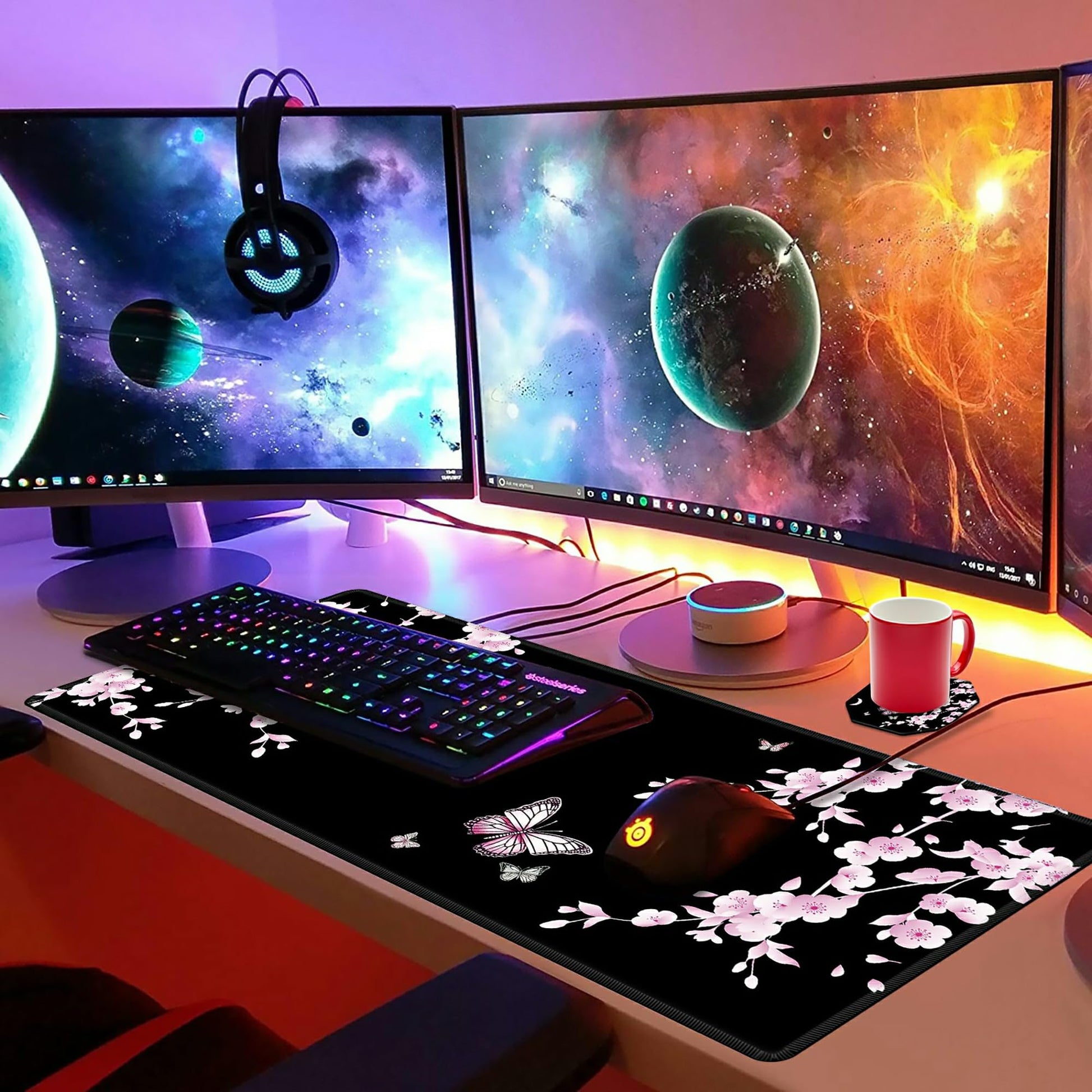 Japanese Sakura Cherry Blossom Pink Black Mouse Pad Large with Coaster, 35.4"x15.7" Full Desk