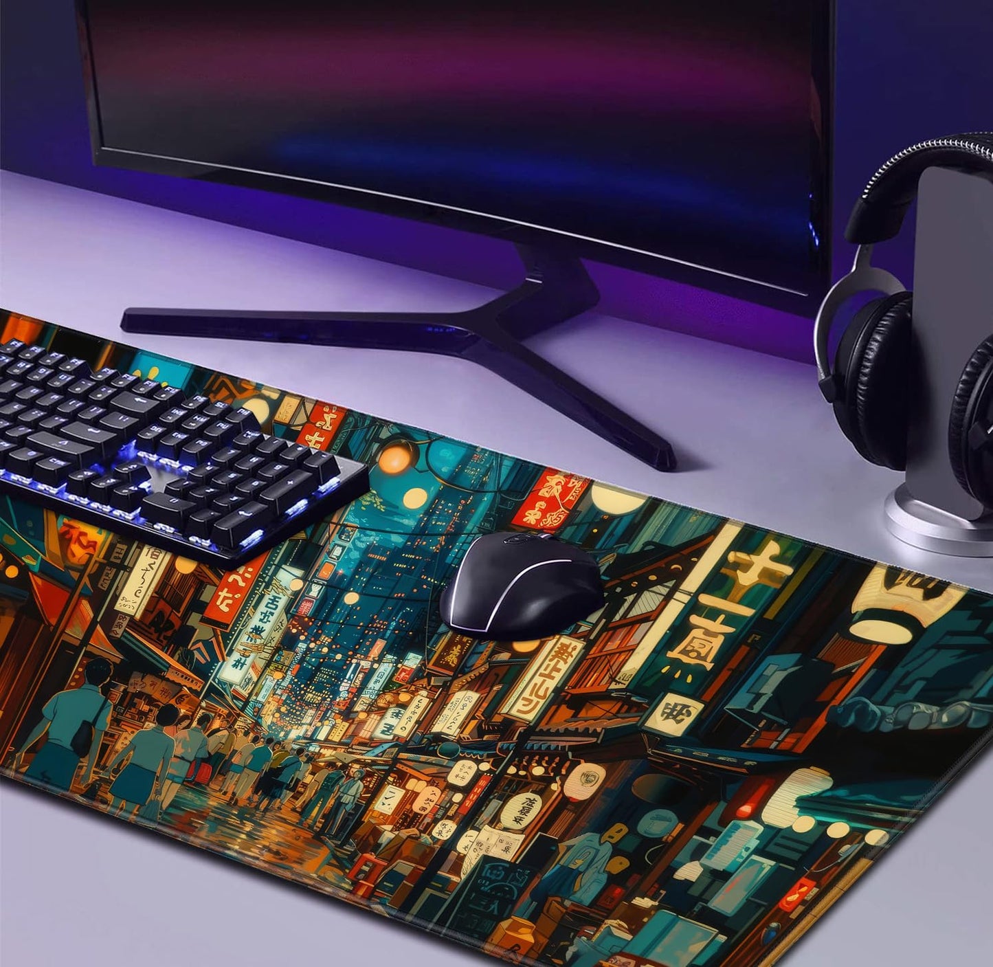 Cute Japanese Street Keyboard Desk Mat, Tokyo Night View Computer Mouse Mat