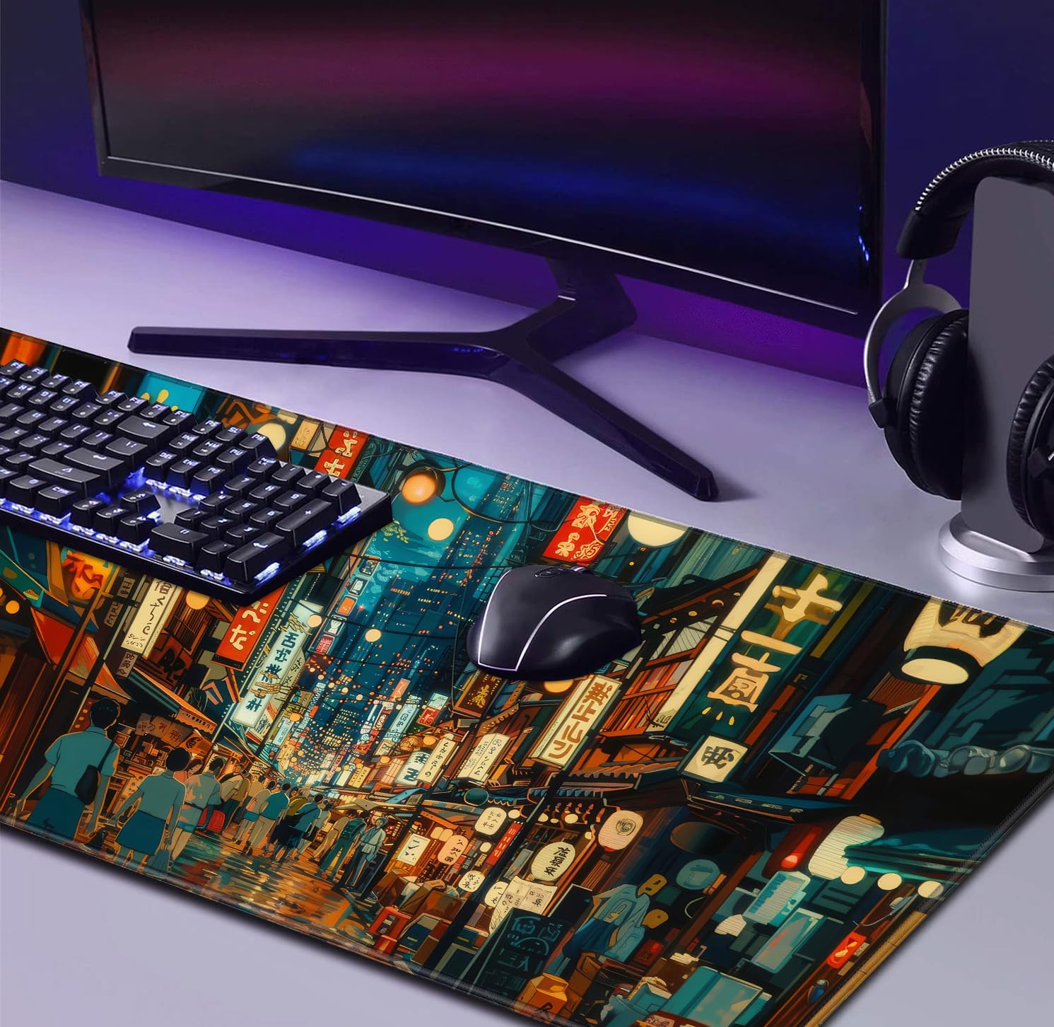 Cute Japanese Street Keyboard Desk Mat, Tokyo Night View Computer Mouse Mat