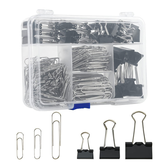 Assorted Size Binder Clips & Jumbo Paper Clips Set - 340pcs Black, Large for Office & School
