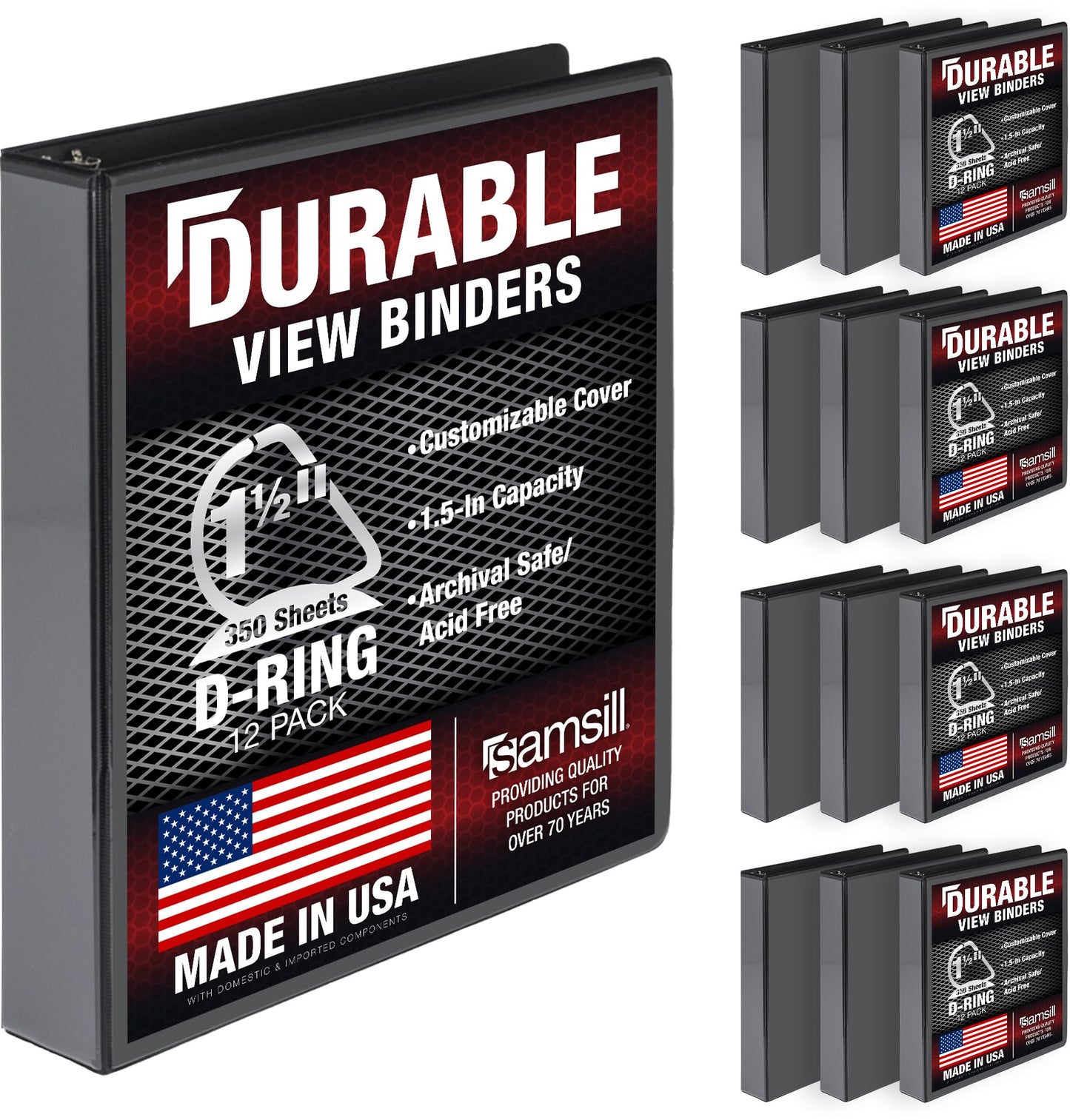 Samsill Durable 1.5 inch 3 Ring Binder, D Ring Binder, 100% Recycled Chipboard, Black, 12 Pack