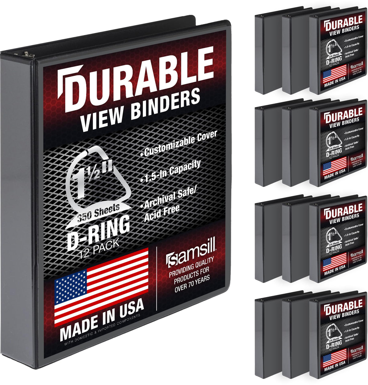 Samsill Durable 1.5 inch 3 Ring Binder, D Ring Binder, 100% Recycled Chipboard, Black, 12 Pack