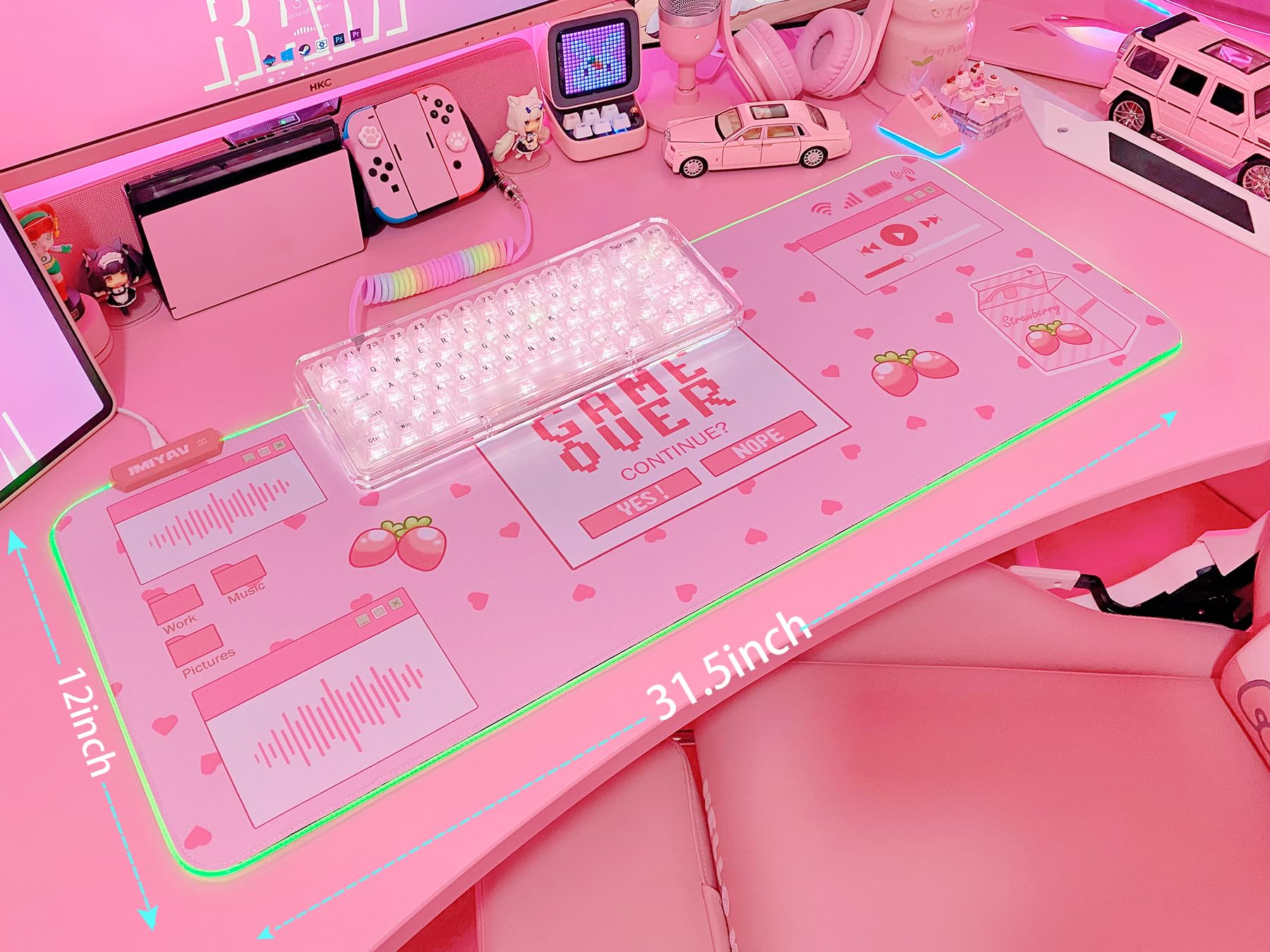 JMIYAV Pink RGB Gaming Mouse Pad 31.5x12 Inch PC XL Large Extended Glowing Led Light Up Desk Pad