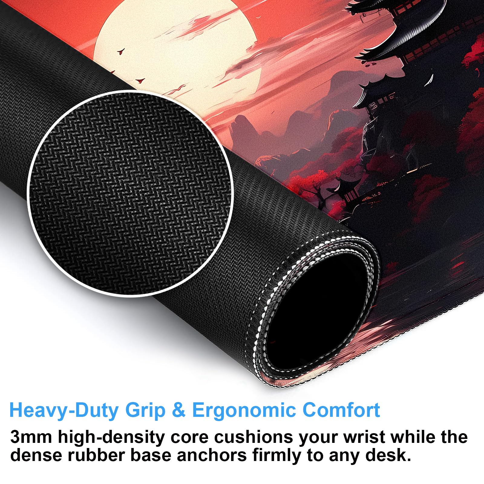 Japanese Pagoda Desk Mat, Red Sunset Large Gaming Mouse Pad 31.5x15.7 in