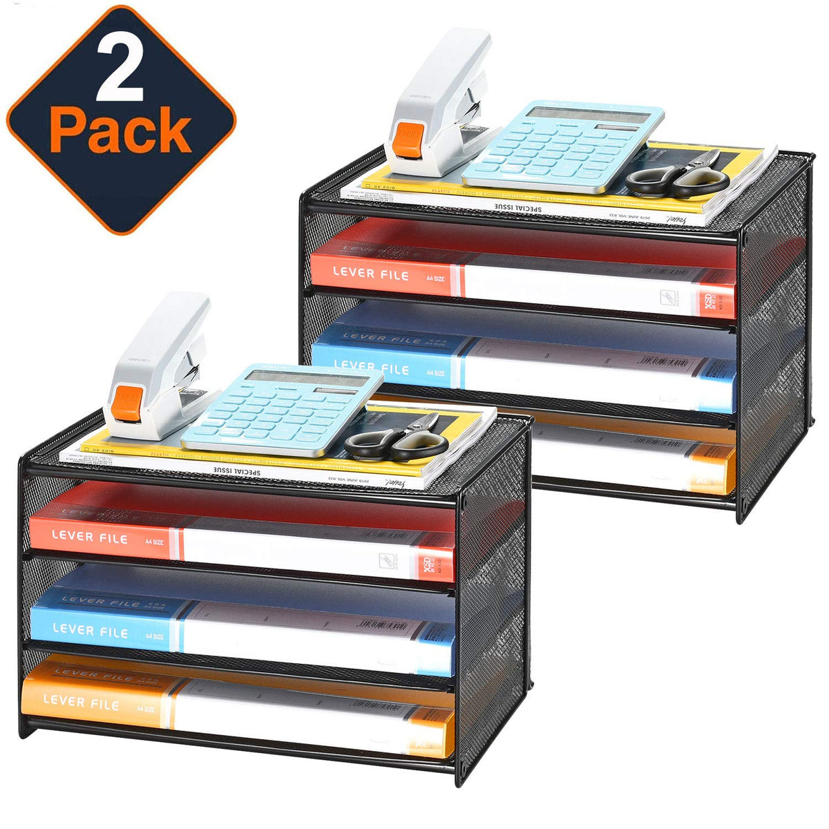Samstar 2 Pack Paper Letter Tray, 3-Tier Desk File Organizer Paper Sorter Letter Shelf Rack, Mesh