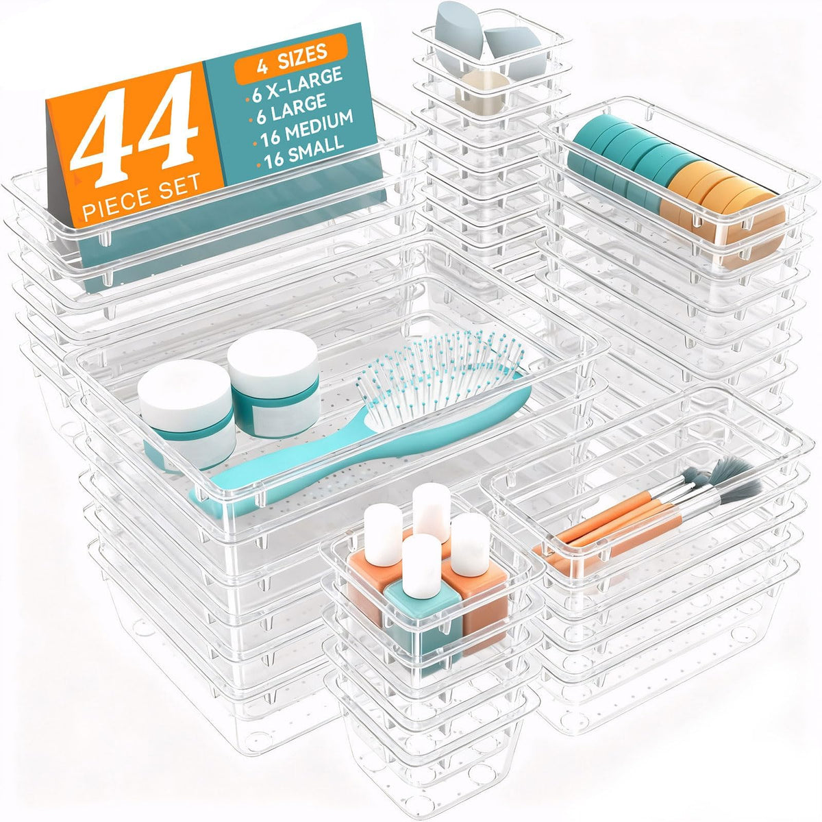 44 PCS Clear Plastic Drawer Organizer Set, 4 Sizes Storage Bins, Clear