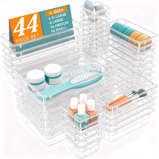 44 PCS Clear Plastic Drawer Organizer Set, 4 Sizes Storage Bins, Clear