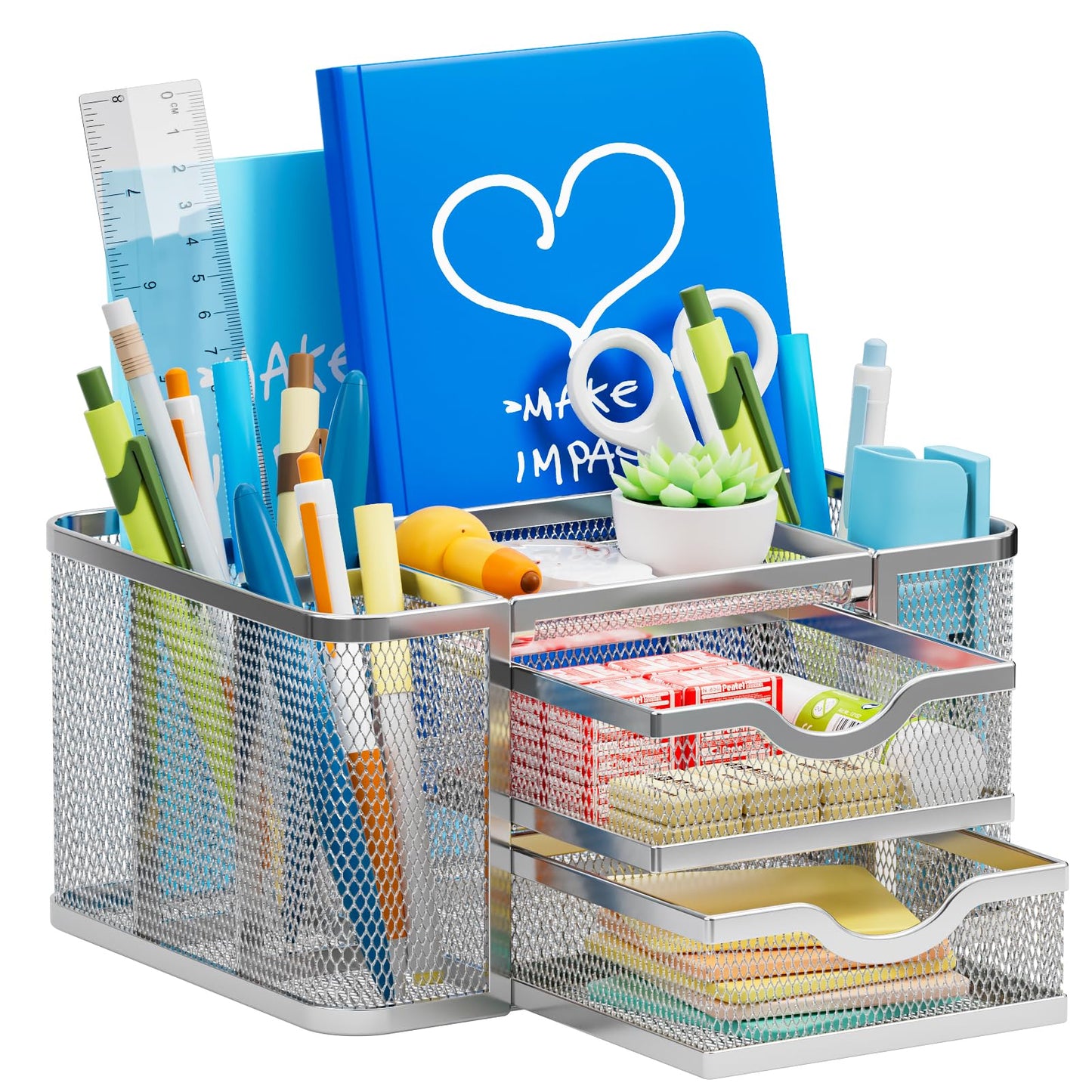 Marbrasse Mesh Desk Organizer, Pen Organizer with 2 Drawer, Multi-Functional Pencil Holder, Desk