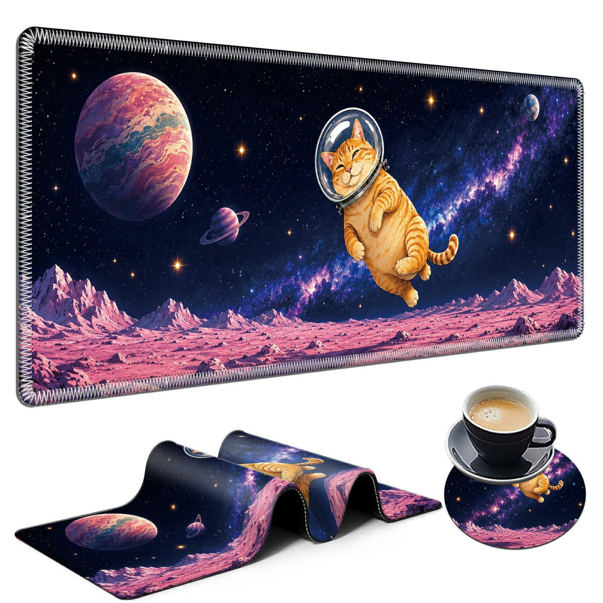 Cosmic Astronaut Cat Large Mouse Pad, 31.5 x 11.8 in Extended Desk Mat