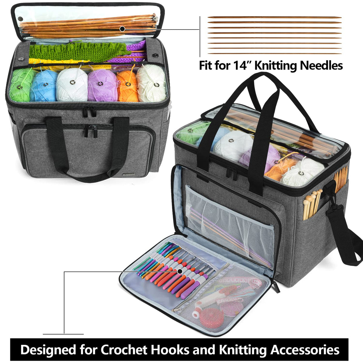 Teamoy Knitting Bag, Yarn Storage Organizer Crochet Bag Tote, Gray