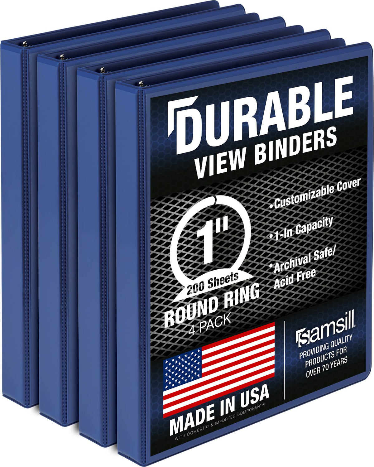 Samsill 4 Pack Durable 1 Inch 3 Ring Binders, Round Ring, Clear View Cover for Presentations, Blue