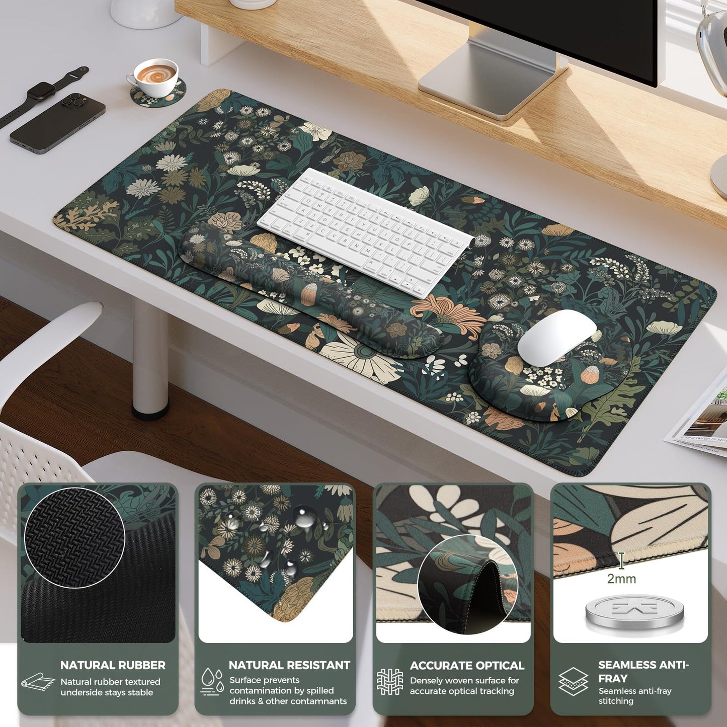 iCasso Desk Cover Mat, 4in1 Floral Large Mouse Pad with Wrist Rest