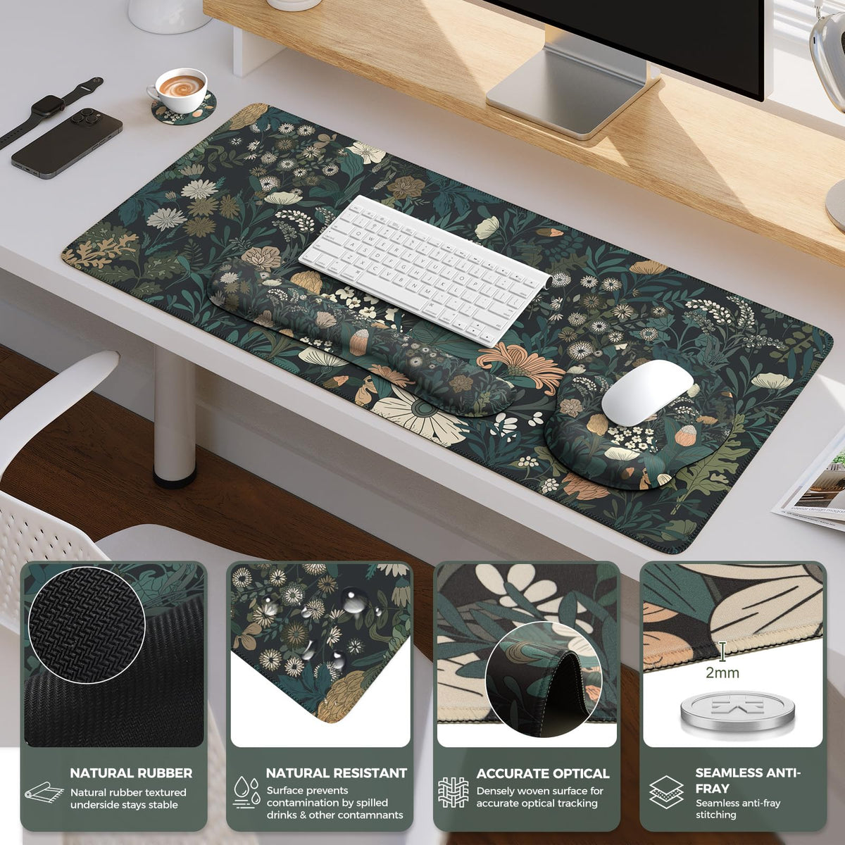 iCasso Desk Cover Mat, 4in1 Floral Large Mouse Pad with Wrist Rest