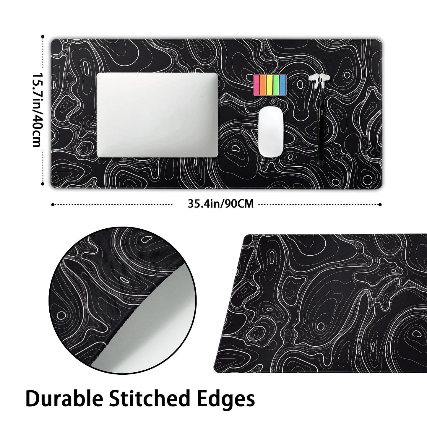 Topographic Map Black Gaming Mouse Pad XXL Minimalist Topo Geographic White Lines Extended Large