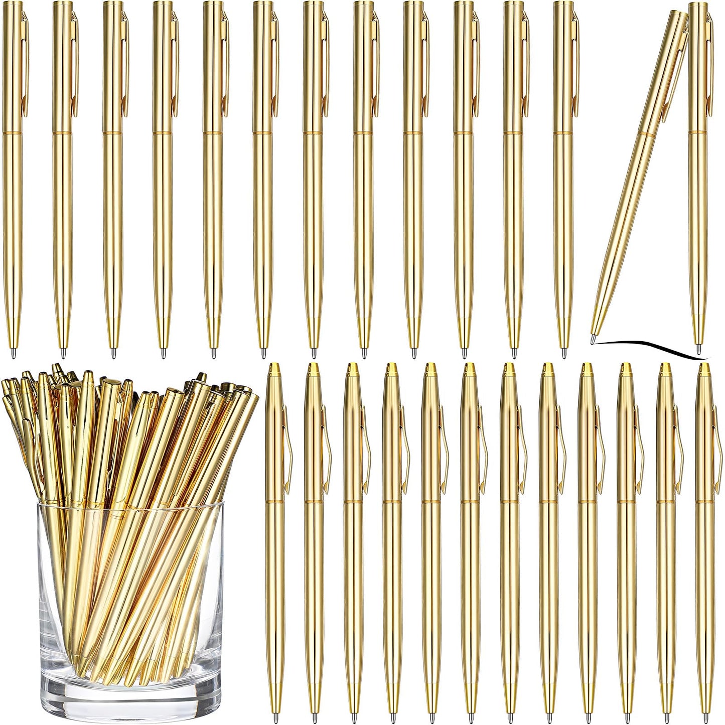 Fuutreo 25 Pack Gold Pens Bulk Metal Slim Ballpoint Retractable Black Ink