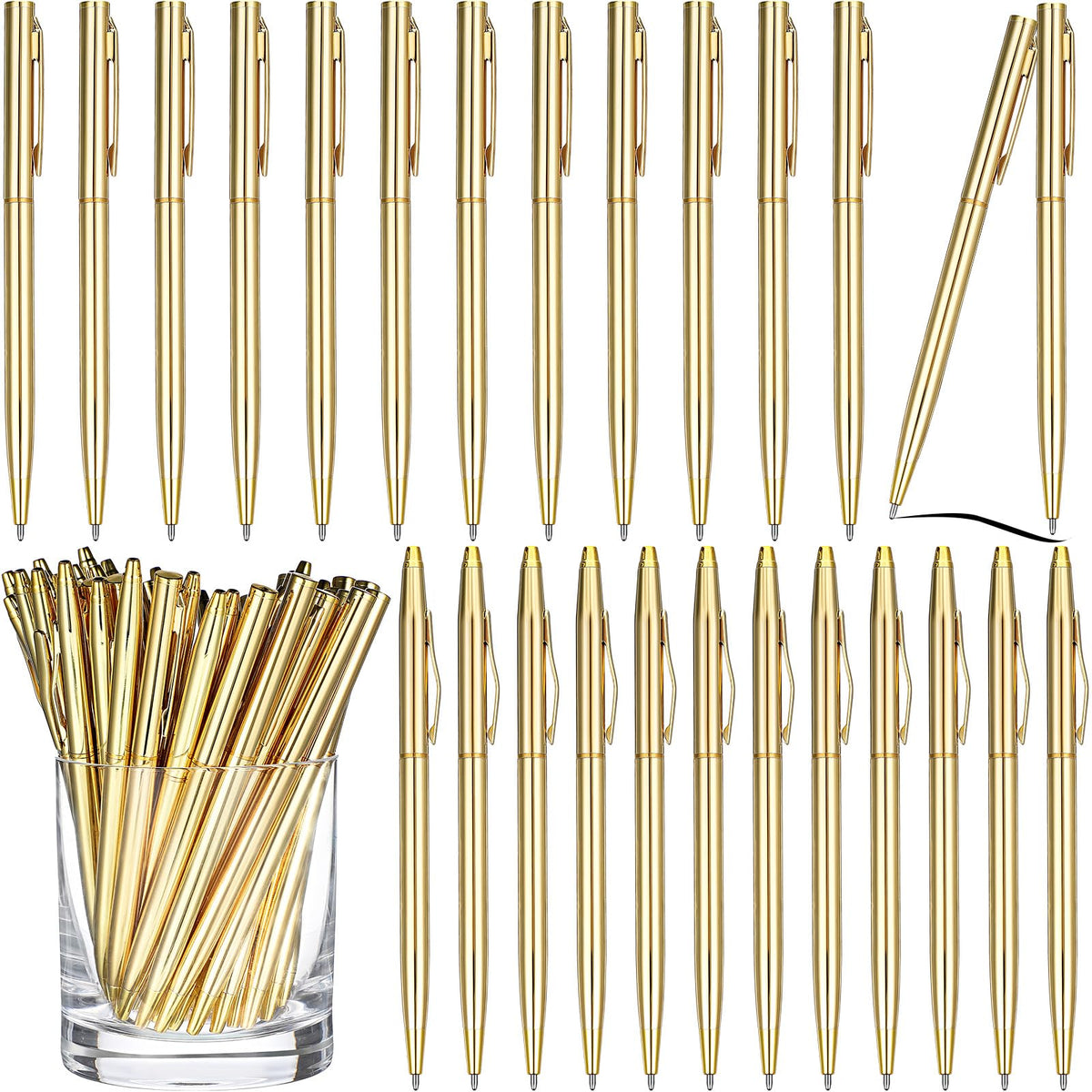 Fuutreo 25 Pack Gold Pens Bulk Metal Slim Ballpoint Retractable Black Ink
