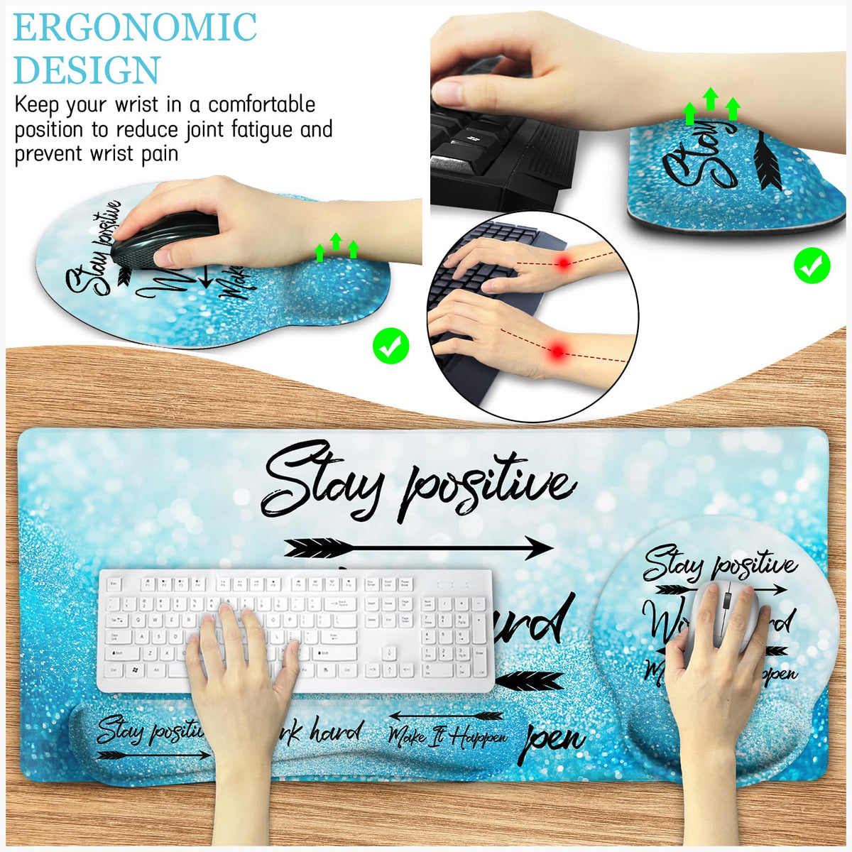 LIMKRIAN Desk Mat Pad Set, Large Mouse Pad with Wrist Rest, Stay Positive