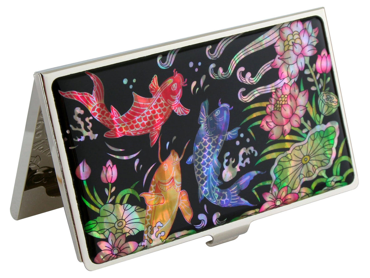 Antique Alive Mother of Pearl Metal Fish Lotus Design Business Credit Name Id Card Holder Case