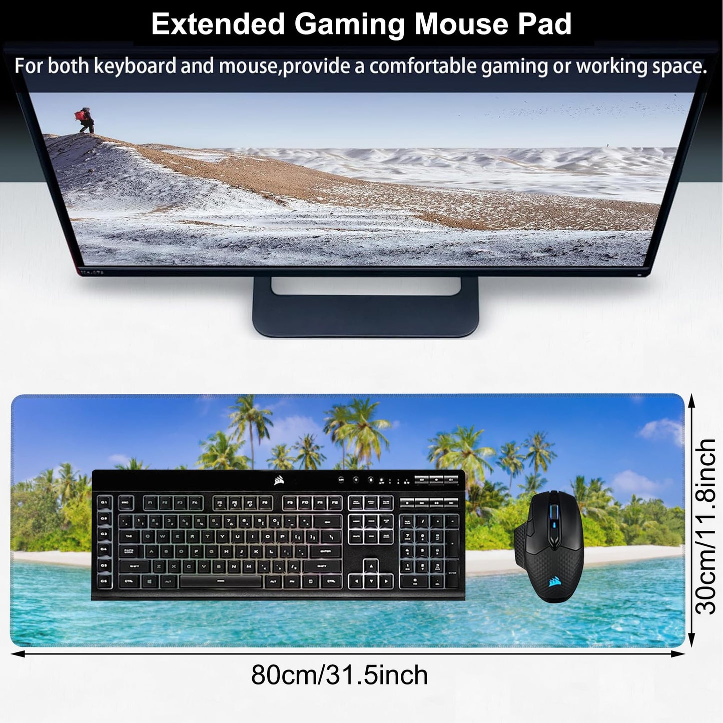 Tropical Nature Landscape Desk Mat,Large Summer Beach Seawater and Palm Trees Gaming Keyboard Mouse