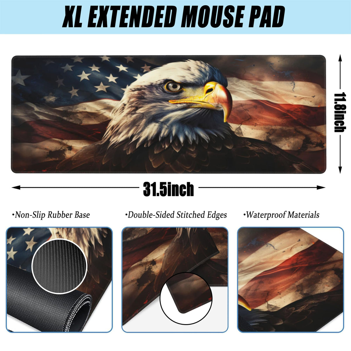 Desk Mat,American Bald Eagle Large Gaming Mouse Pad XL,USA Flag Eagle Desk Pad,Extended Big