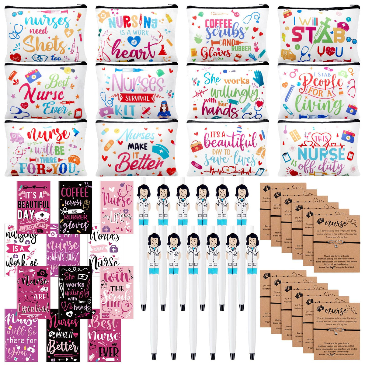 Sabary 48 Pcs Nurse Gifts Set for Women 12 Makeup Cosmetic Bag 12 Notebooks 12 Doctor Nurse