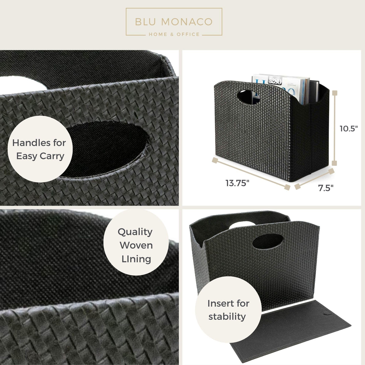 BLU MONACO | Black Woven Leather Magazine Holder with Handles | Stylish Magazine Rack for Floor or