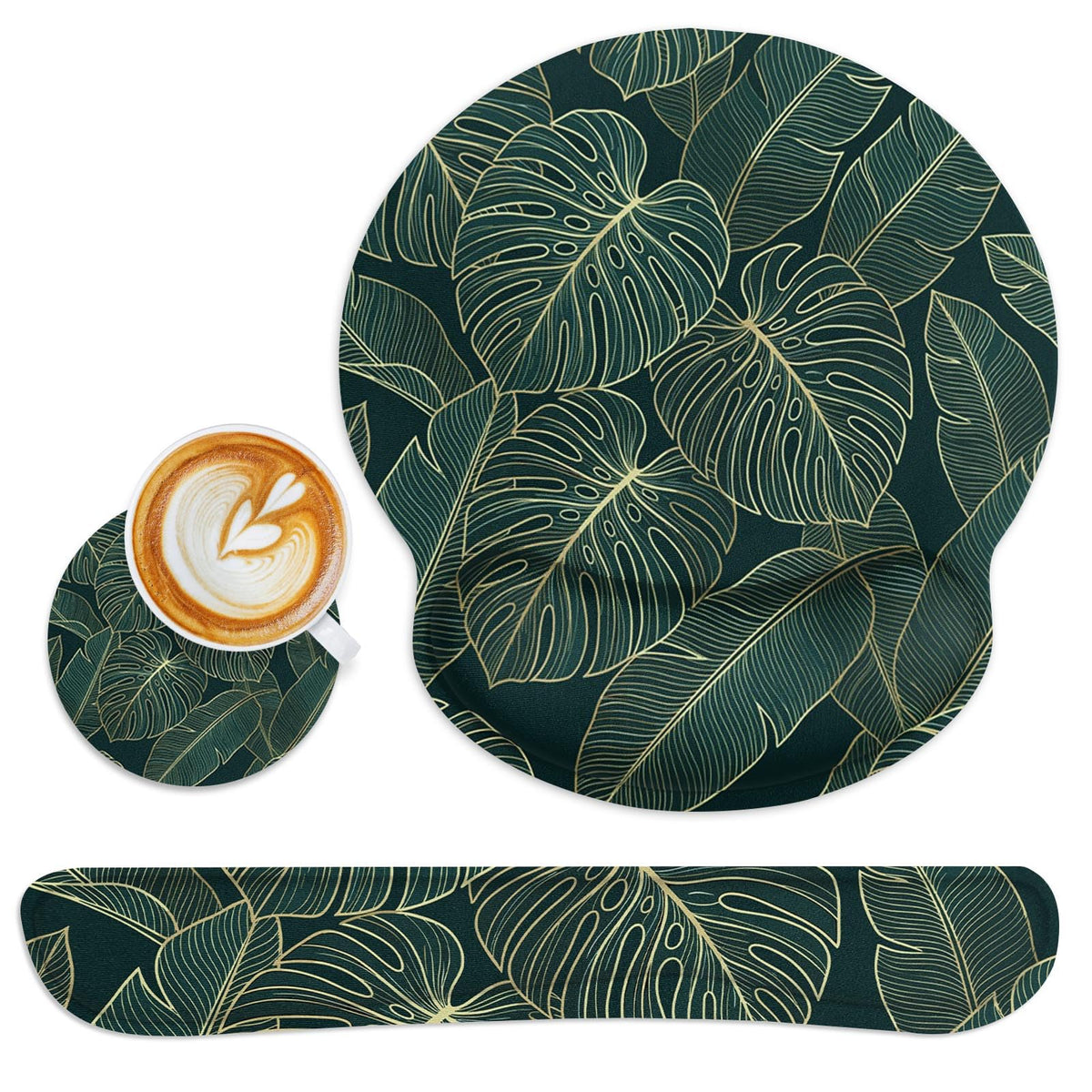 Britimes Ergonomic Mouse Pad Set with Wrist Rest, Green Palm Leaves