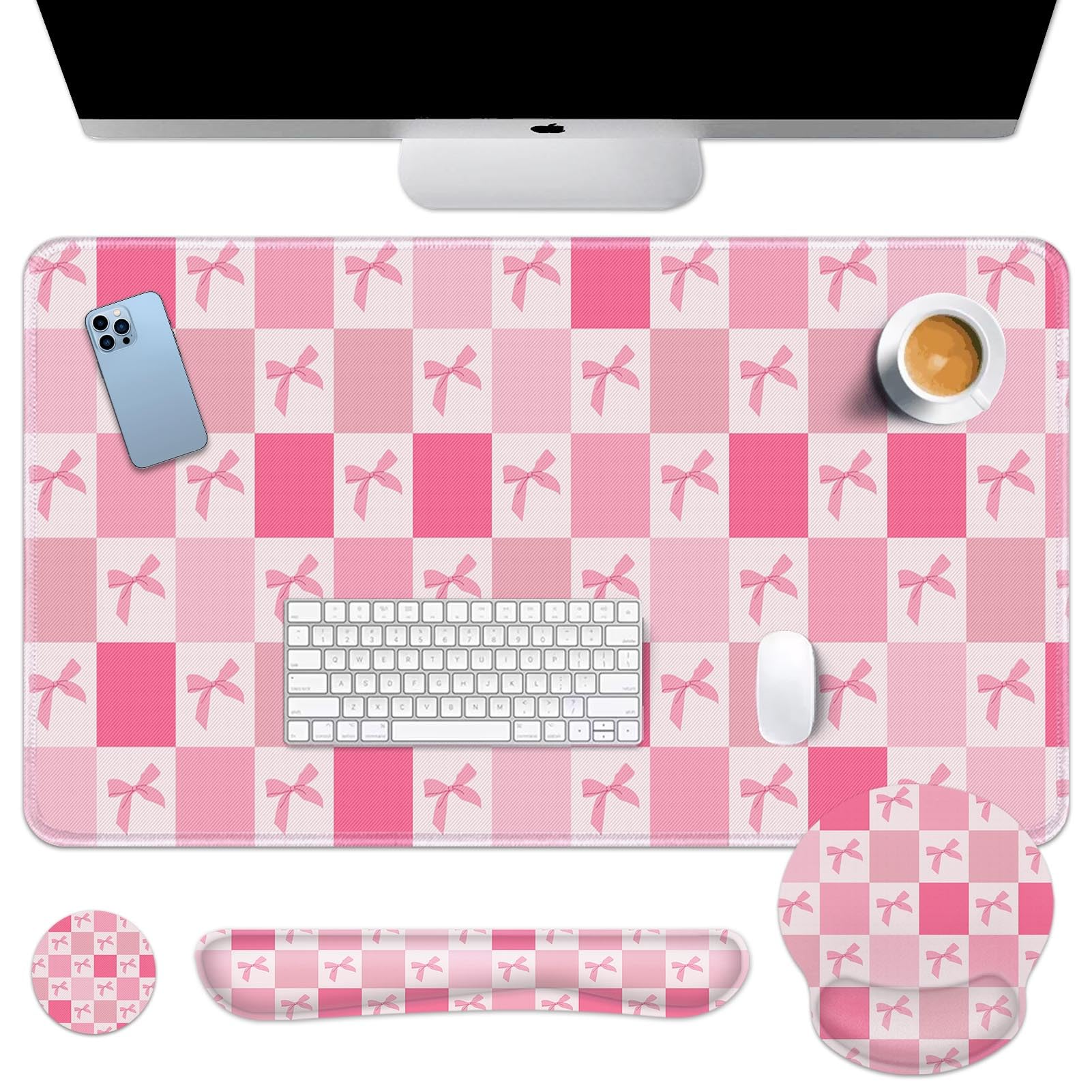 Arttown Keyboard Mouse Pad Set, 4 in 1 Desk Mat Set Kawaii Cute