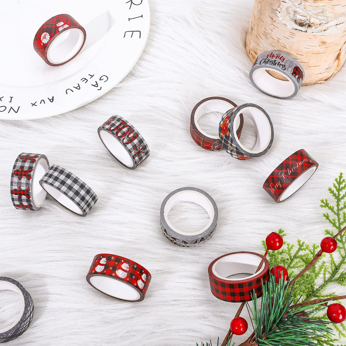 Whaline 12 Rolls Merry Christmas Washi Tape Black Red Plaid Washi Masking Tape Gnome Snowman