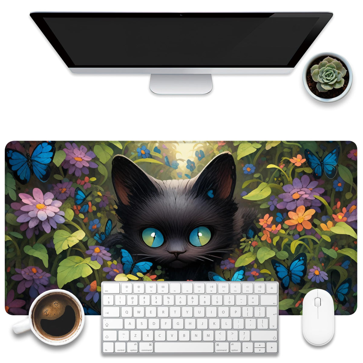 KOAIWPAE Desk Pad, Cute Black Cat Desk Mat, Cat Among Butterfly Flowers Large Gaming Mouse Pad for