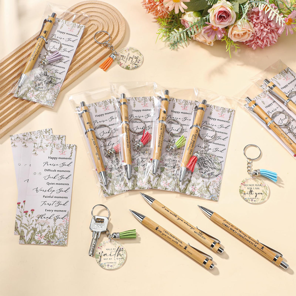 Spakon 50 Sets Christian Gifts Bulk Bible Verse Pens Keychain, Bible