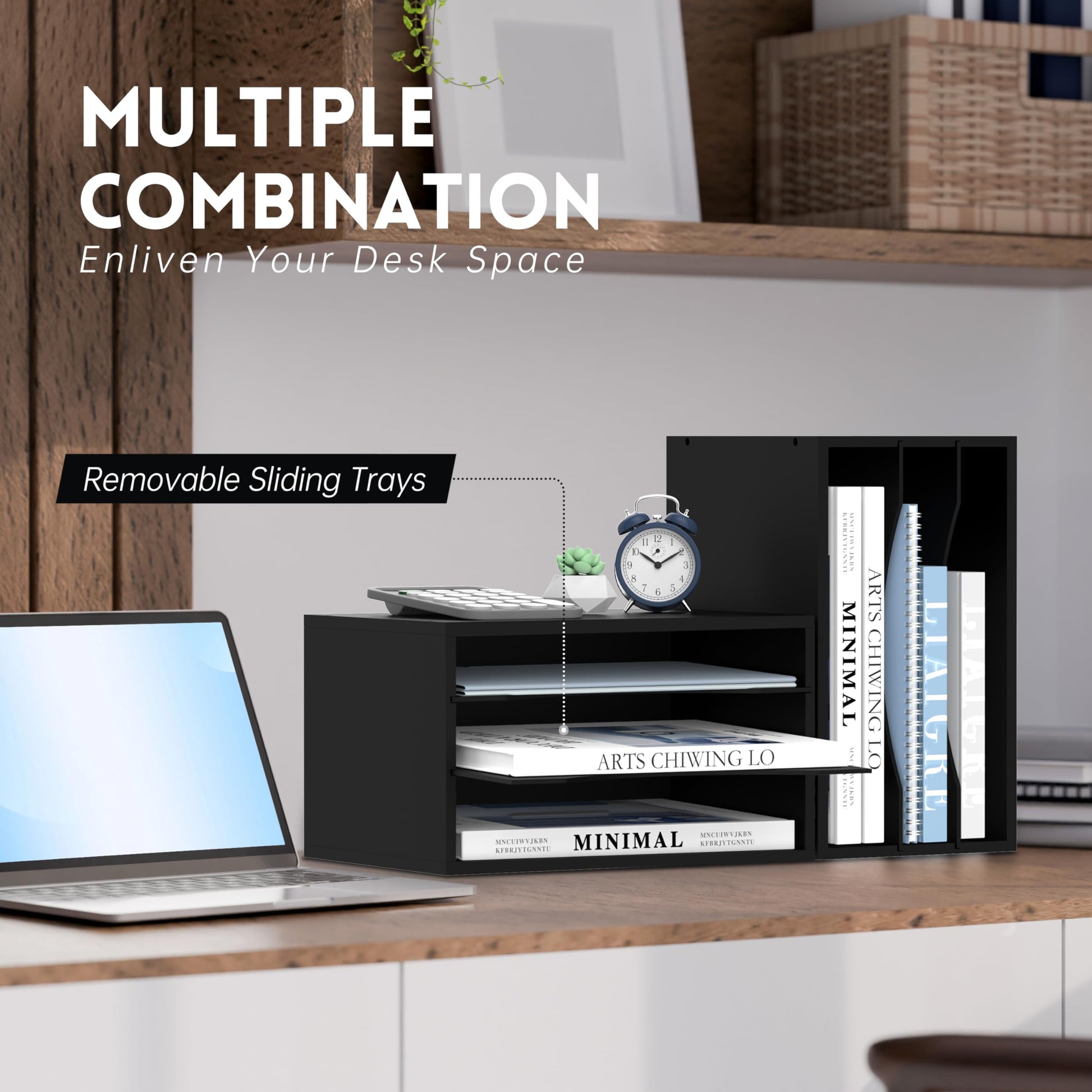 3 Tier Wood Desk Organizer, Mail Sorter and Paper Organizer for Desk, Black
