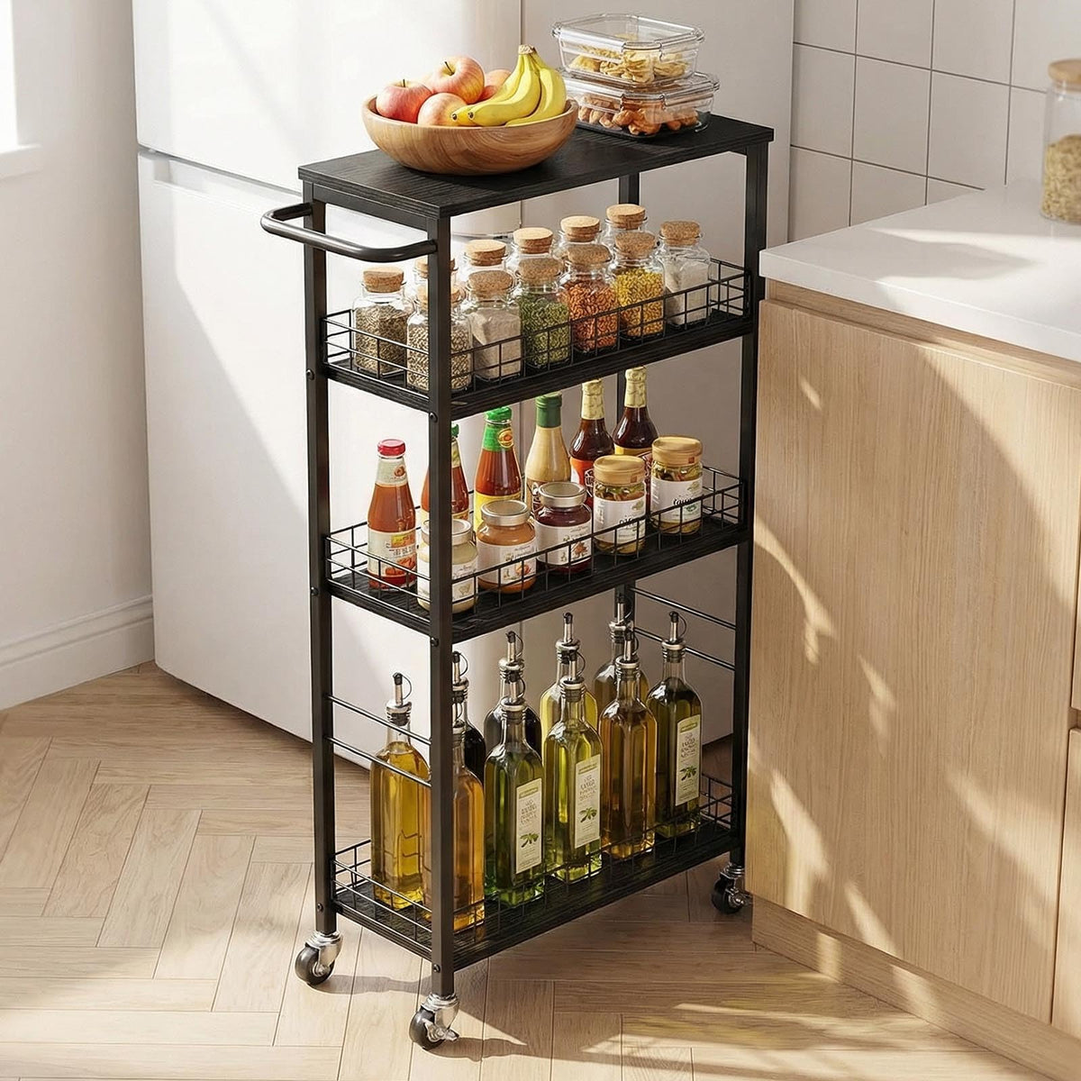 YBING Slim Storage Cart Kitchen Rolling Utility Cart on Wheels 4 Tier Mobile Narrow Cart with Wood