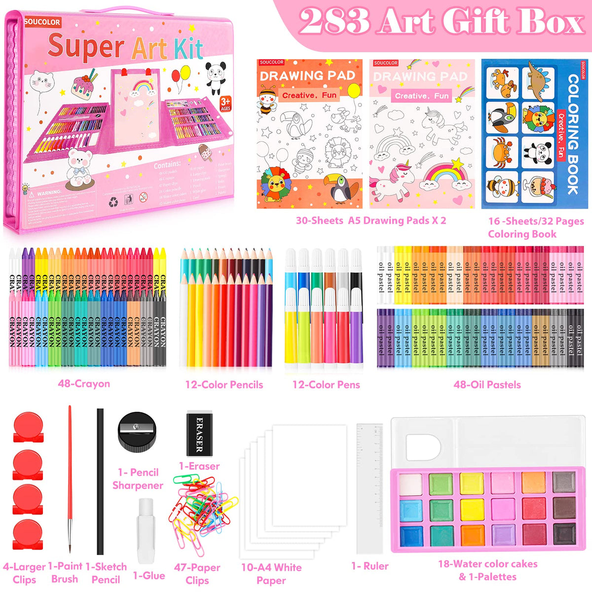 Soucolor 283Pcs Art Supplies Drawing Set Easel Pads Coloring School Gift
