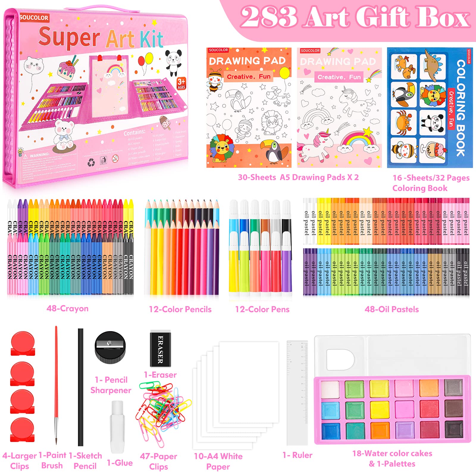Soucolor 283Pcs Art Supplies Drawing Set Easel Pads Coloring School Gift