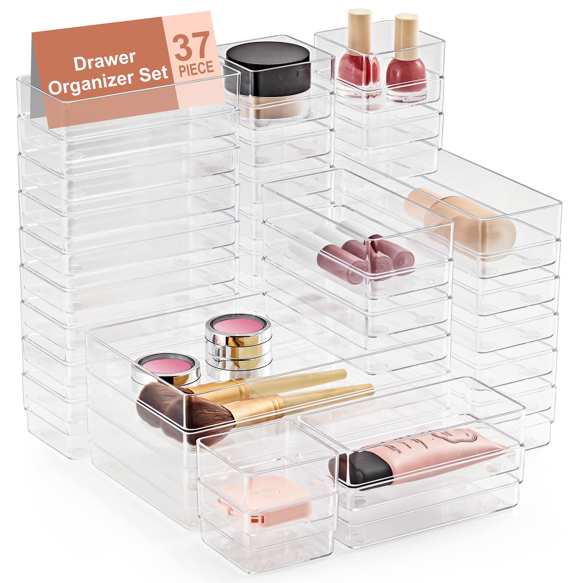 SMARTAKE 37 PCS Drawer Organizer 4 Size Desk Makeup Drawer Organizer Clear