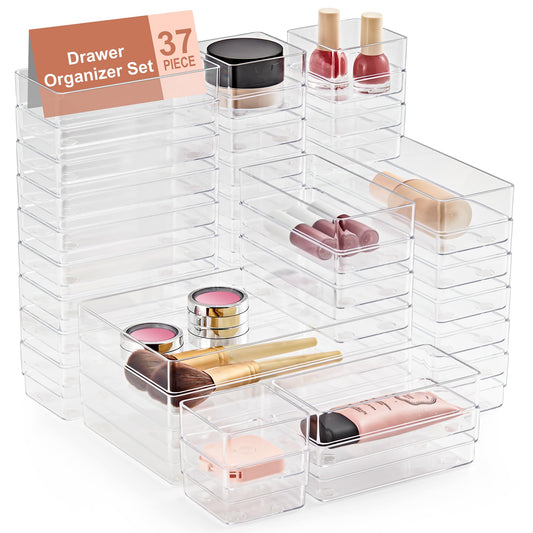 SMARTAKE 37 PCS Drawer Organizer 4 Size Desk Makeup Drawer Organizer Clear