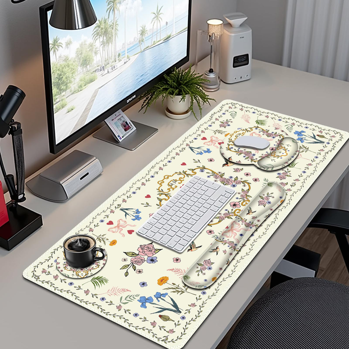 Off-White Mouse Pad, Cute Large Desk Mat Extended Nature Aesthetic Deskpad, 4 PCS Non-Slip Rubber