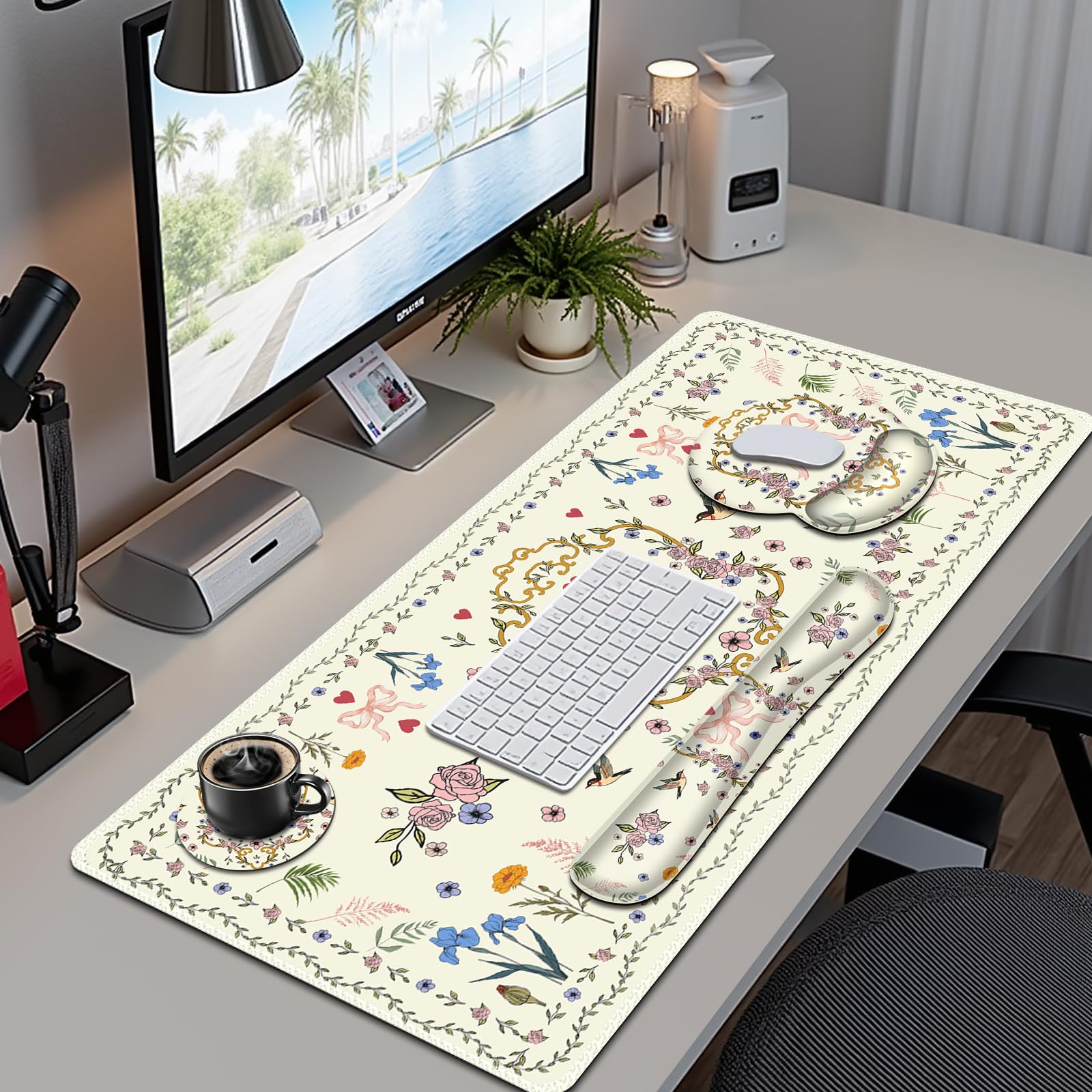 Off-White Mouse Pad, Cute Large Desk Mat Extended Nature Aesthetic Deskpad, 4 PCS Non-Slip Rubber