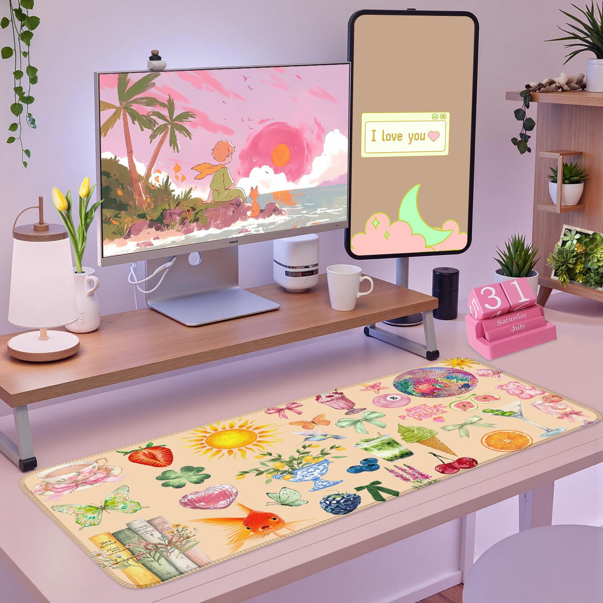 Nasdalgias Cute Pink Boho Pastel Desk Mat Colorful Desk Mat for Keyboard and Mouse XXL Large Mouse
