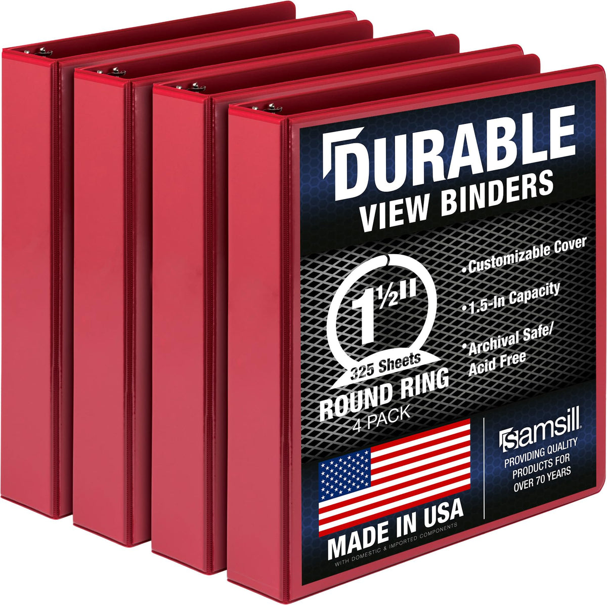 Samsill 4 Pack Durable 1.5 Inch 3 Ring Binders, Round Ring, Clear View Cover for Presentations, Red