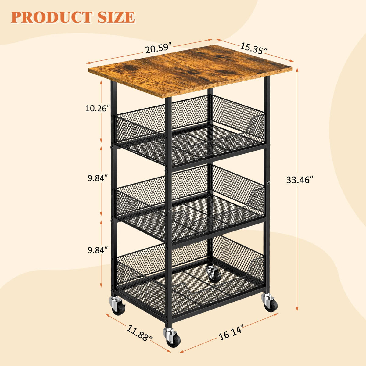 ThreeHio Rolling Kitchen Microwave Cart with Fruit Baskets, 4 Tier Microwave Table Stand with