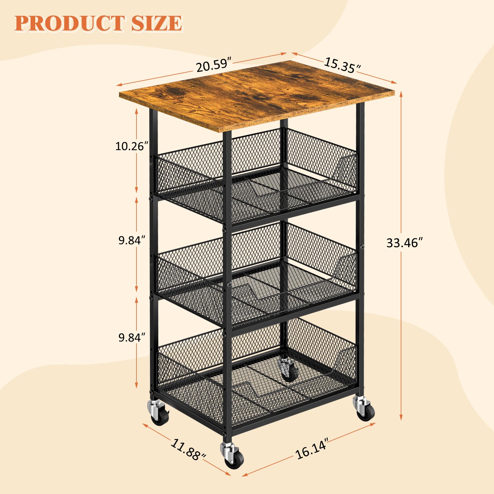 ThreeHio Rolling Kitchen Microwave Cart with Fruit Baskets, 4 Tier Microwave Table Stand with