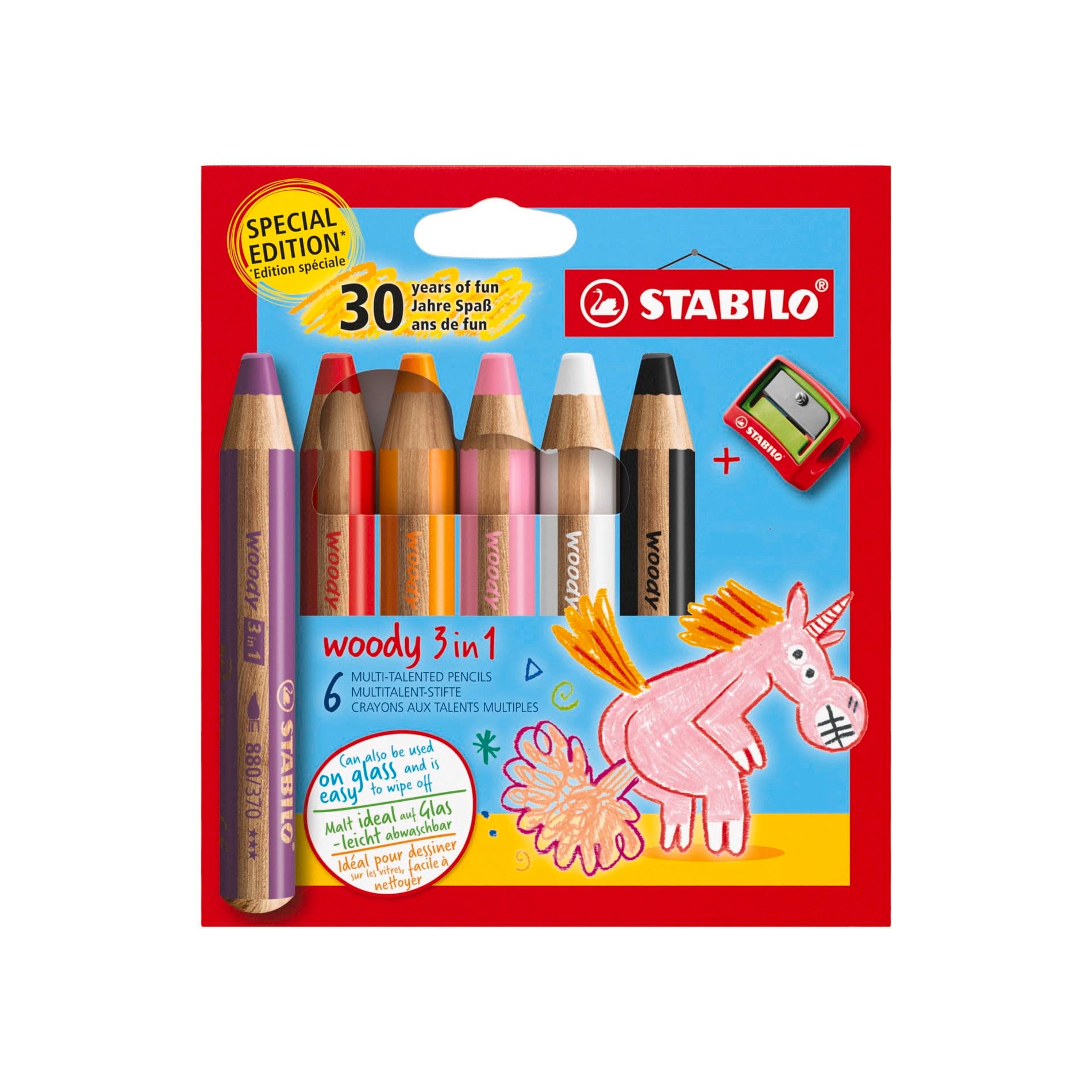 STABILO woody 3-in-1 - Multi-Talented Pencil - Pack of 6 - Birthday Edition - Unicorn - Assorted
