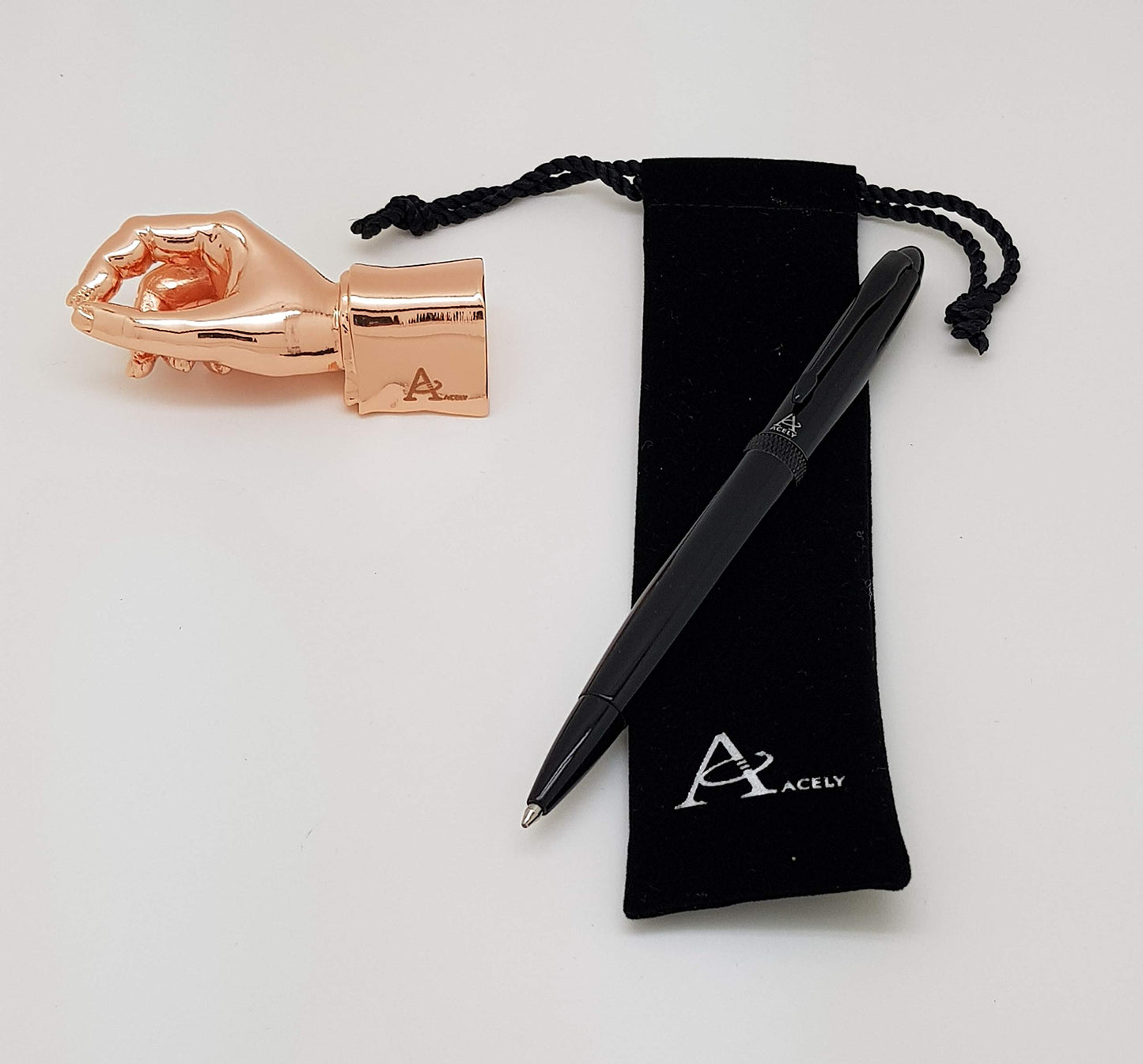 ACELY Executive Glossy Black Ball Point Pen with Hand Shape Pen Holder Metal Art Craft Paperweight