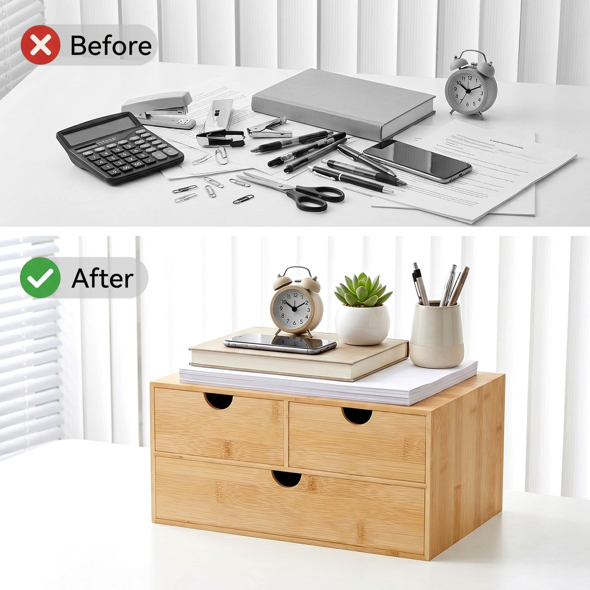 Bamboo Desk Organizer with Drawers, Desktop Storage for Office Supplies