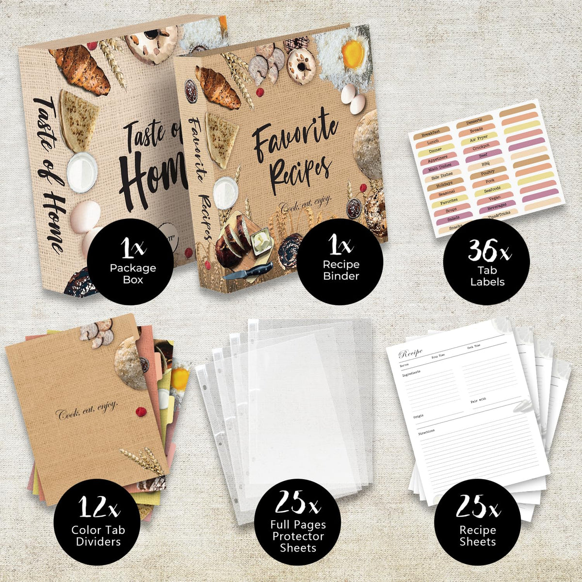 CraftSaints Recipe Binder 8.5x11, 3 Ring DIY Cookbook Kit 12 Dividers & 25 Plastic Sleeves & 25