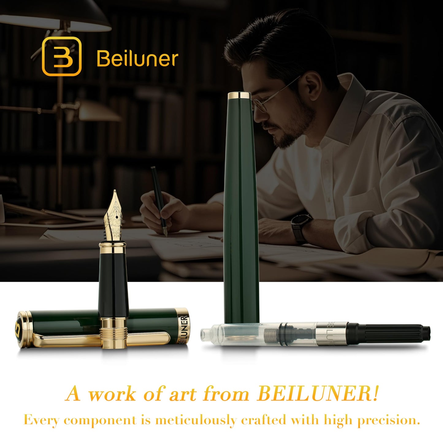 BEILUNER Racing Green Fountain Pen,Stunning Luxury Pens with 24K Gold Finish, Gorgeous 24K Gilded